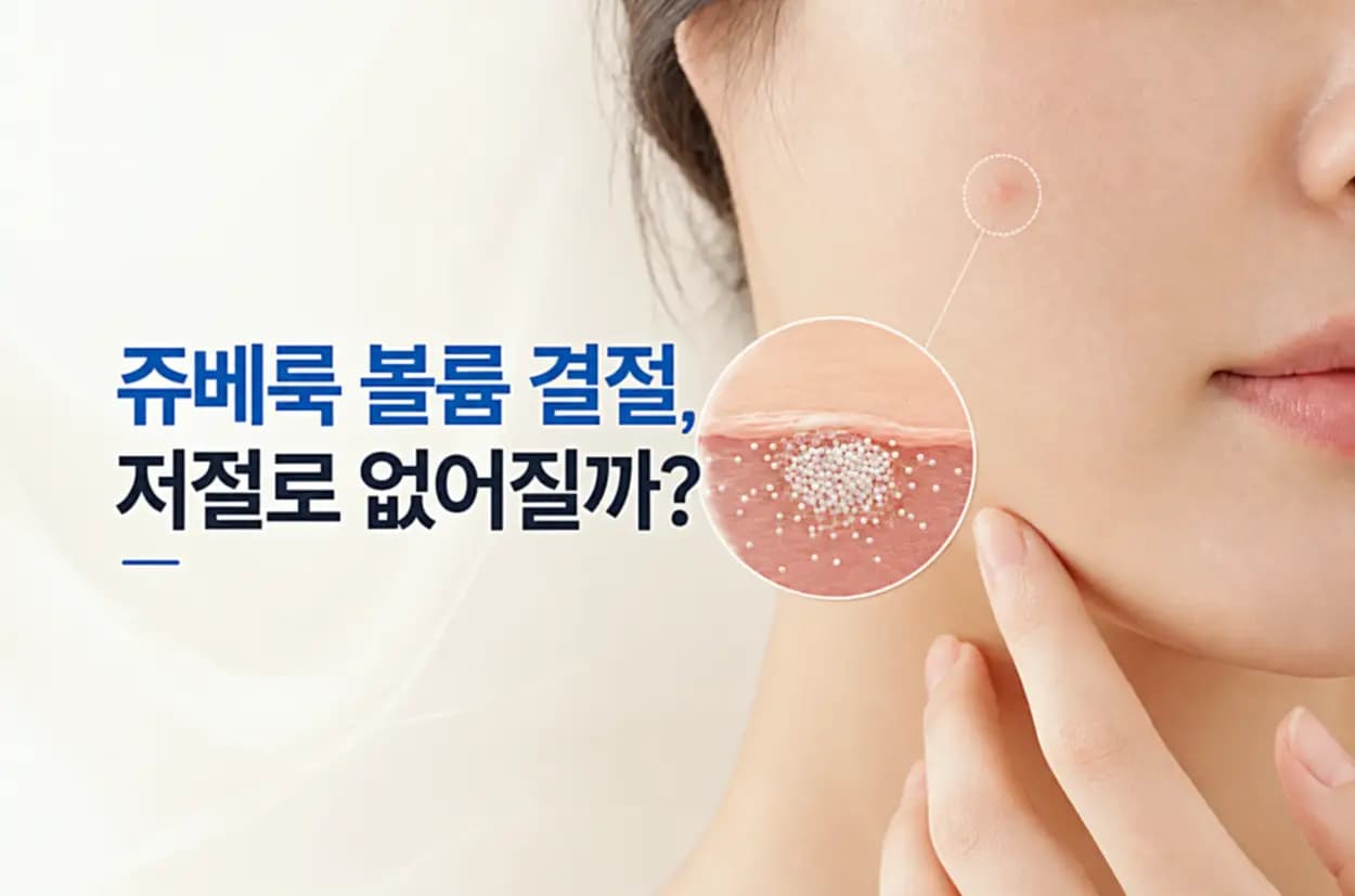 쥬베룩 볼륨 결절이 저절로 없어지는지 설명하기 위해 볼에 생긴 결절과 피부 속 PDLLA 입자 뭉침을 표현한 썸네일