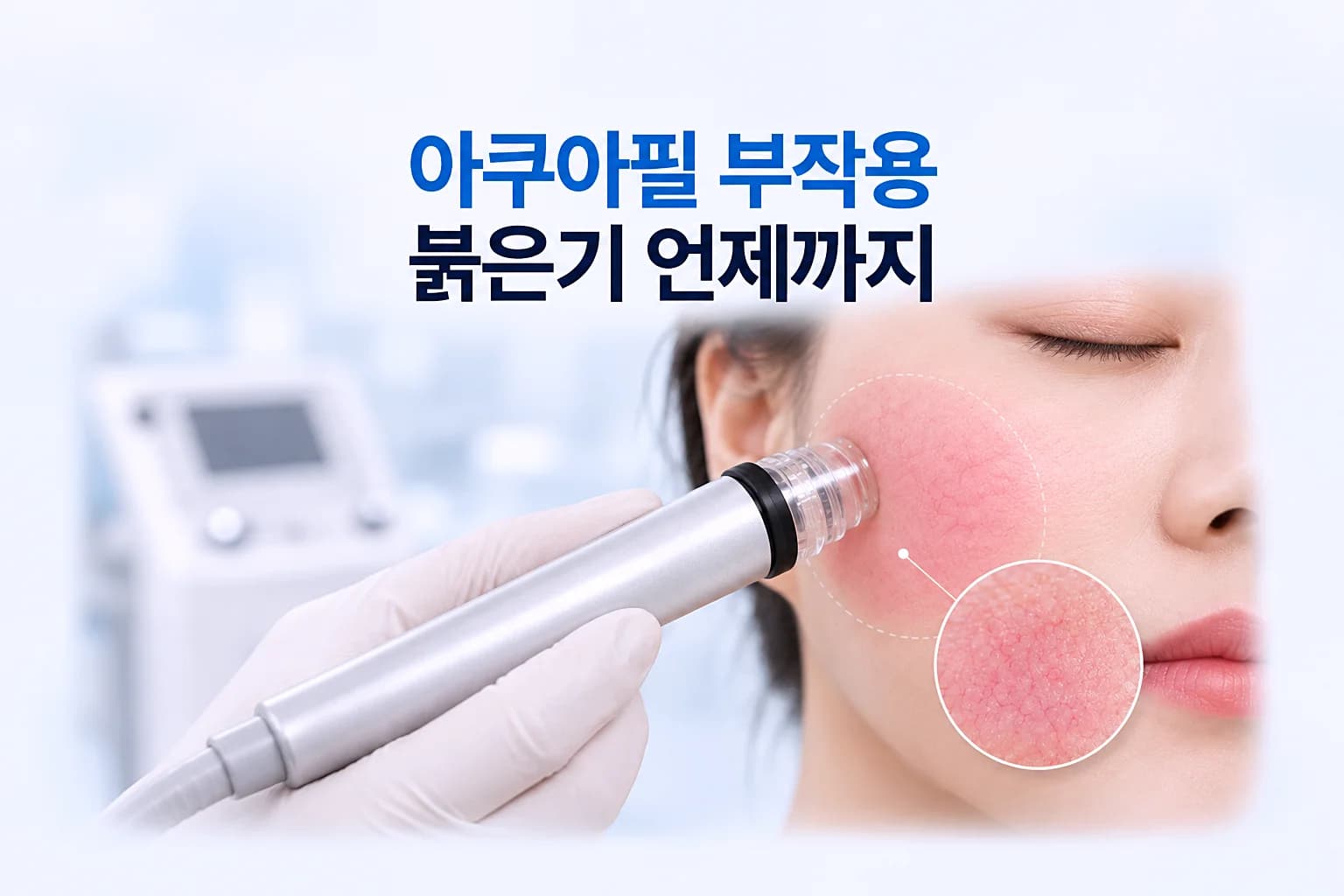 아쿠아필 핸드피스와 볼 피부의 붉은 톤 확대 컷을 함께 담은 아쿠아필 부작용 붉은기 썸네일