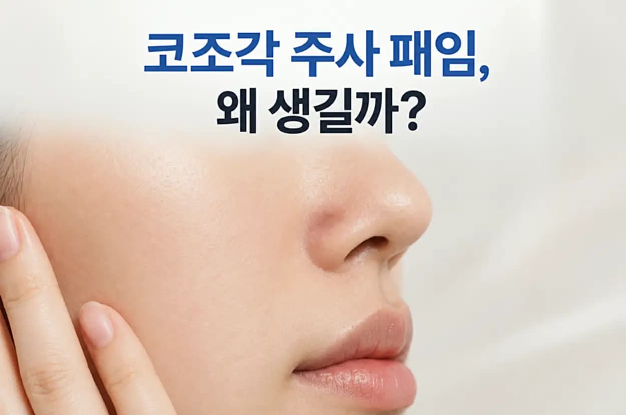 콧볼 주변 피부가 패인 모습과 손으로 얼굴을 짚고 있는 인물을 담은 코조각 주사 패임 원인 썸네일